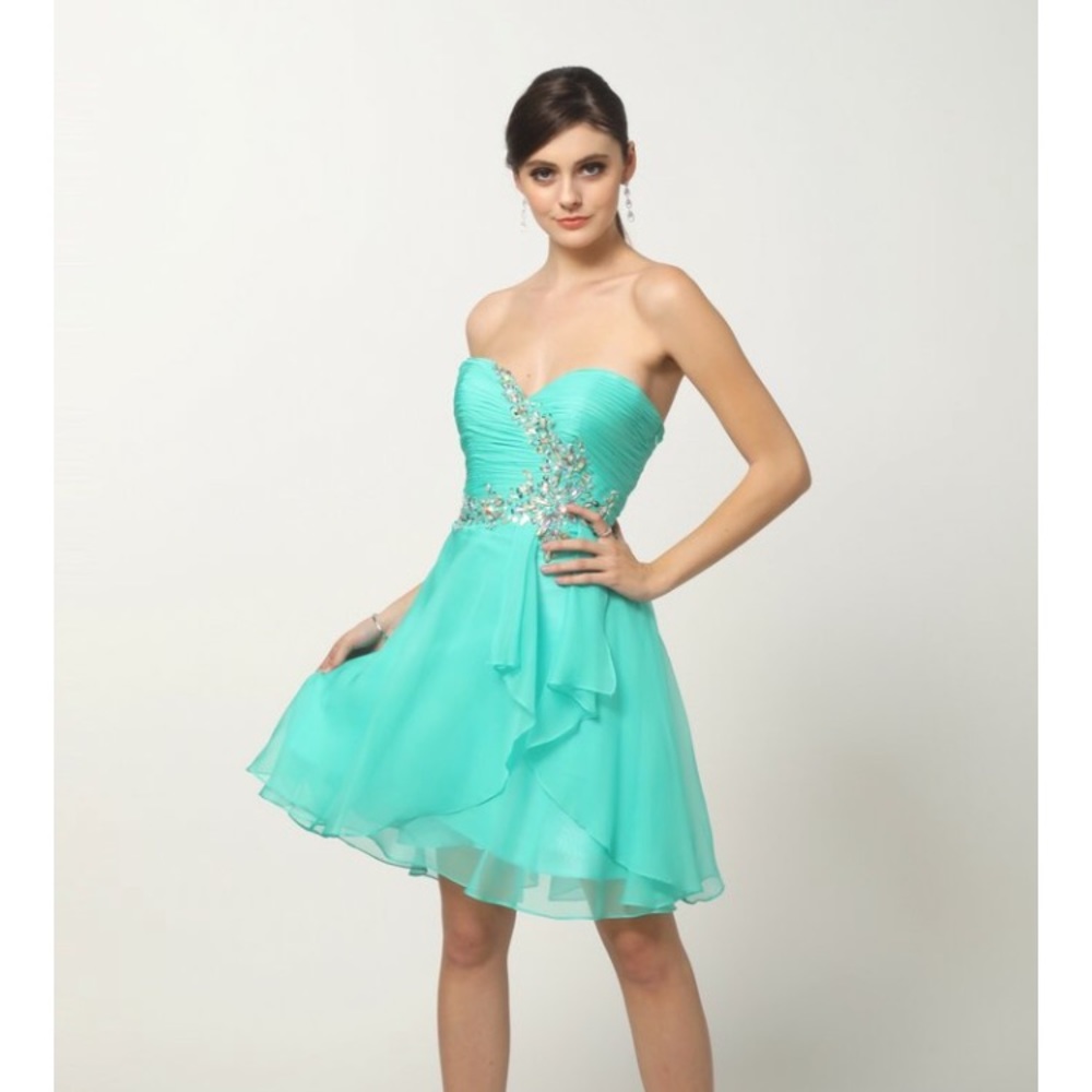 Romeo&Juliet Couture Short Teal Beaded Prom Dress